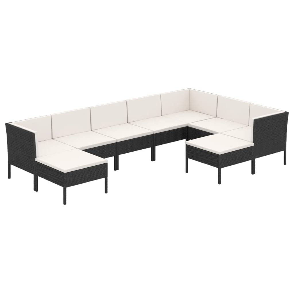 vidaXL Garden Furniture Set - 9 Piece Modular Outdoor Patio Lounge Set with Cushions, Black Poly Rattan with Cream White Accent