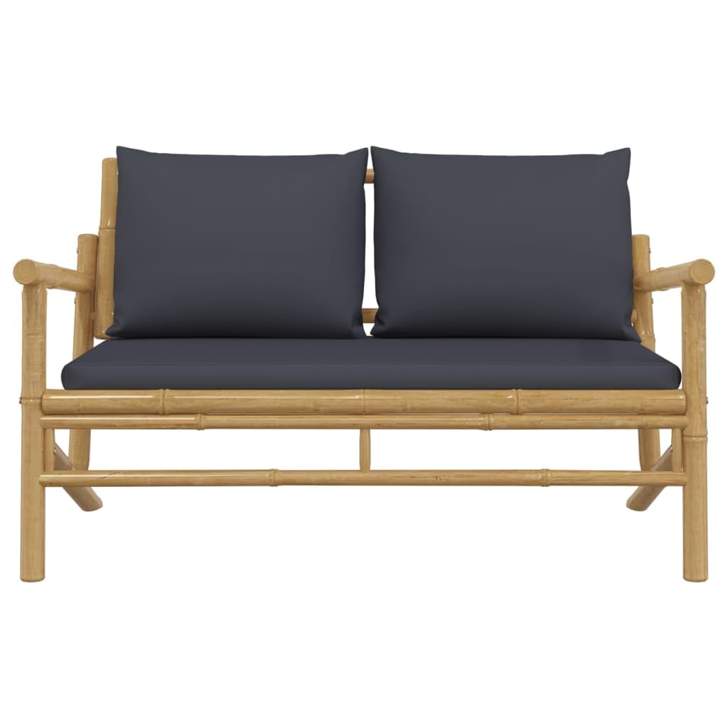 vidaXL Bamboo Patio Bench with Comfortable Dark Gray Cushions and Armrests - Durable Outdoor Garden Seat with Backrest - Lightweight, Easy to Move