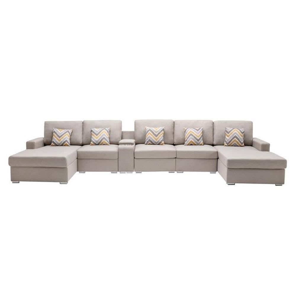 Lilola Home Nolan Beige Linen Fabric 6Pc Double Chaise Sectional Sofa with Interchangeable Legs, a USB, Charging Ports, Cupholders, Storage Console Table and Pillows