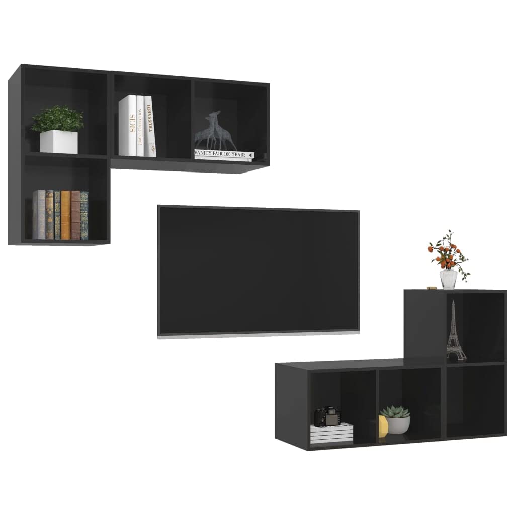 vidaXL High-Gloss Black Wall-Mounted TV Stands Set of 4, Engineered Wood, Vertical or Horizontal Setup, Compartmentalized HiFi Cabinets