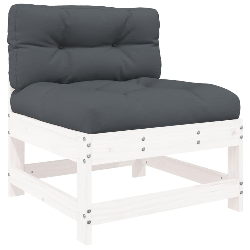 vidaXL Solid Pine Wood Middle Sofa with Soft Cushions and Stable Plywood Slats - White Color, Suitable for Garden, Patio and Terrace