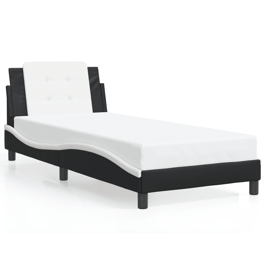 vidaXL Twin Bed Frame - Black and White - Modern Faux Leather with Headboard Cushion - 39.4"x74.8"