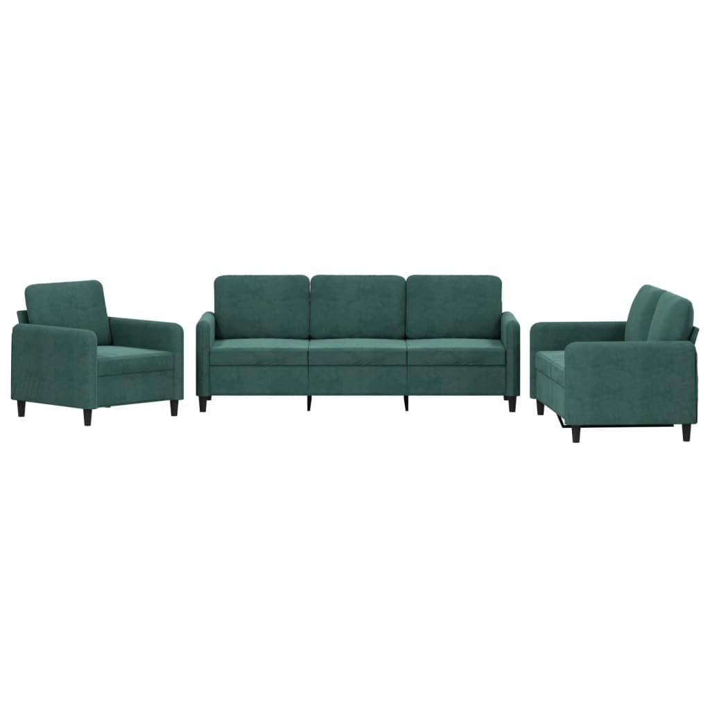 vidaXL 3-Piece Dark Green Velvet Sofa Set - Sturdy Metal/Plywood Frame, Comfortable Foam Filled Seating for Living Room