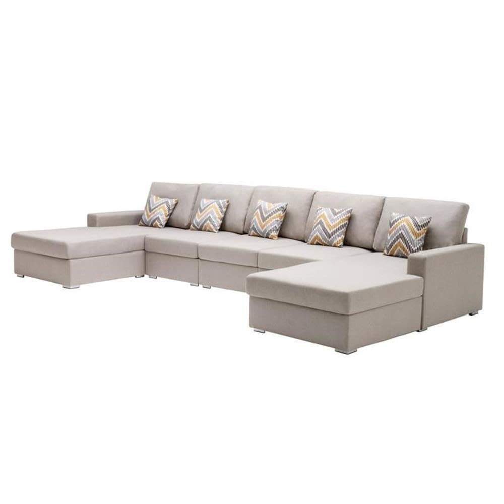 Lilola Home Nolan Beige Linen Fabric 5Pc Double Chaise Sectional Sofa with Pillows and Interchangeable Legs