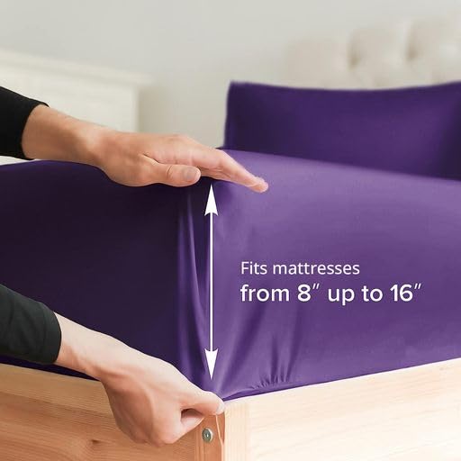 Twin Xl Fitted Bed Sheet - Hotel Luxury & Cooling Single Fitted Sheet Only - Easily Fits Mattress Up To 16 Inches Perfectly - Soft, Wrinkle Free, Breathable & Comfy Purple Single Fitted Bed Sheet