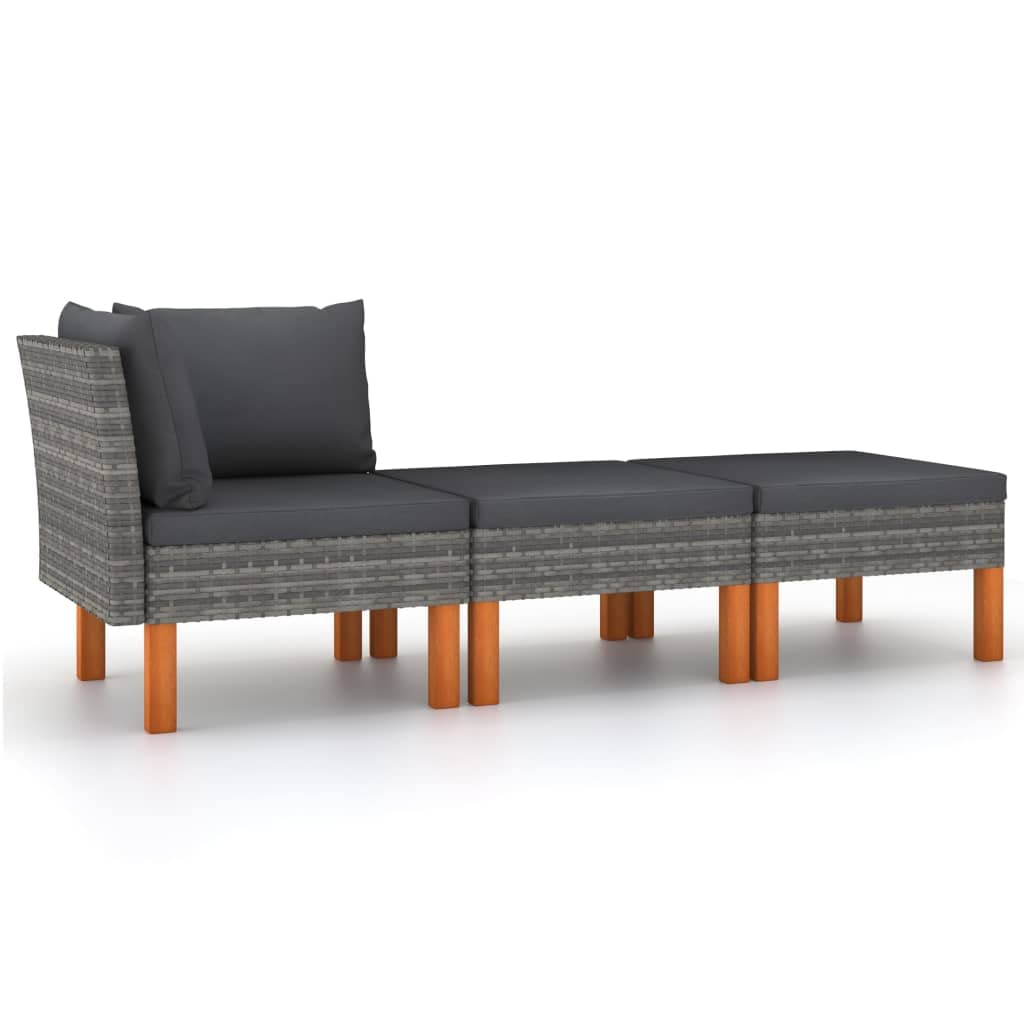 vidaXL 3-Piece Patio Lounge Set/Joyful Gray Poly Rattan Sofa Set with Solid Eucalyptus Wood Legs/Comes with Comfortable, Washable Anthracite Cushions for Relaxation