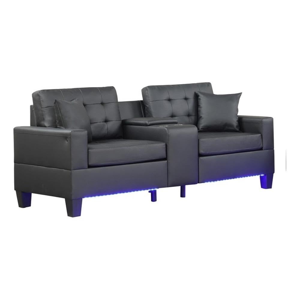 Lilola Home Genesis 85" W Black PVC Fabric Sofa with LED Lights, USB Charger, Storage Console, Cupholders, Tufted Cushions