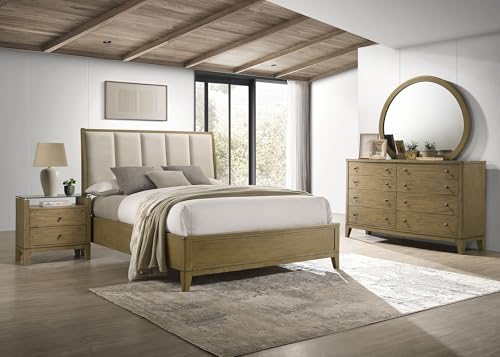 Coaster Home Furnishings Granada Transitional 4-Piece Bedroom Set Fabric Upholstered Queen Size Panel Bed Frame 53-inch Headboard Natural Pine 224921Q-S4