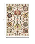 HomeRoots 509344 10 x 13 ft. Ivory Yellow Rust Green Gray Pink Orange Blue & Gray Oriental Power Loom Stain Resistant Rectangle Area Rug with Fringe