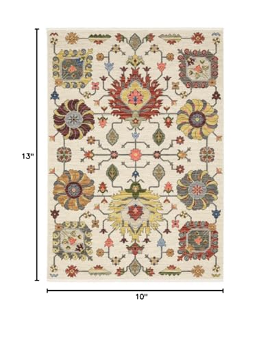 HomeRoots 509344 10 x 13 ft. Ivory Yellow Rust Green Gray Pink Orange Blue & Gray Oriental Power Loom Stain Resistant Rectangle Area Rug with Fringe