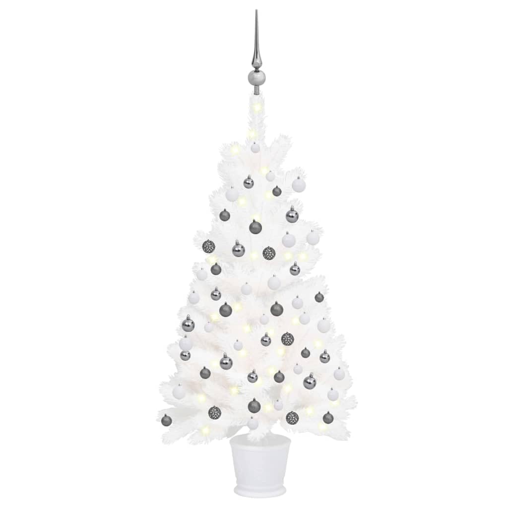 Vidaxl Artificial Pre-Lit Christmas Tree With Balls - 35.4&quot; White Pe Xmas Tree, Energy-Efficient Led Lights, Durable & Water-Resistant, Shiny And Glitter White/Gray Balls - Suitable For Home/Indoo...