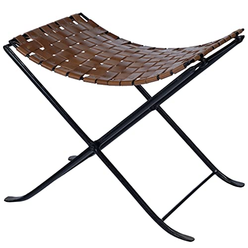 HomeRoots Iron; Black Metal Finish, Real Leather Brown Leather Weave Stool