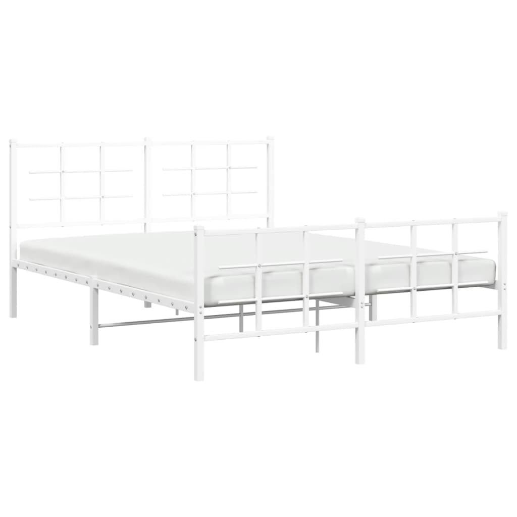 vidaXL White Steel Metal Bed Frame-Double Bed with Headboard/Footboard-81.5" x61.4 x35.4 | Modern Bedroom Furniture