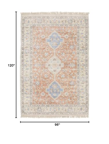 HomeRoots 509464 8 x 10 ft. Orange & Blue Oriental Hand Loomed Stain Resistant Rectangle Area Rug with Fringe