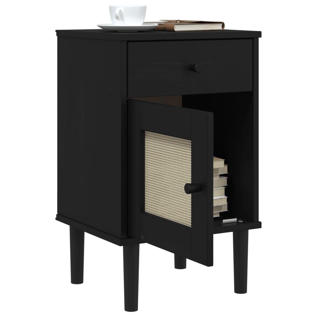 vidaXL Black SENJA Rattan-Look Bedside Cabinet - Solid Wood Pine End Table with UV Varnish, Drawer, Storage Compartment