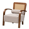 Baxton Studio Sage Modern Japandi Light Grey Fabric And Walnut Brown Finished Wood Arm Chair With Woven Rattan