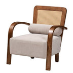 Baxton Studio Sage Modern Japandi Light Grey Fabric And Walnut Brown Finished Wood Arm Chair With Woven Rattan