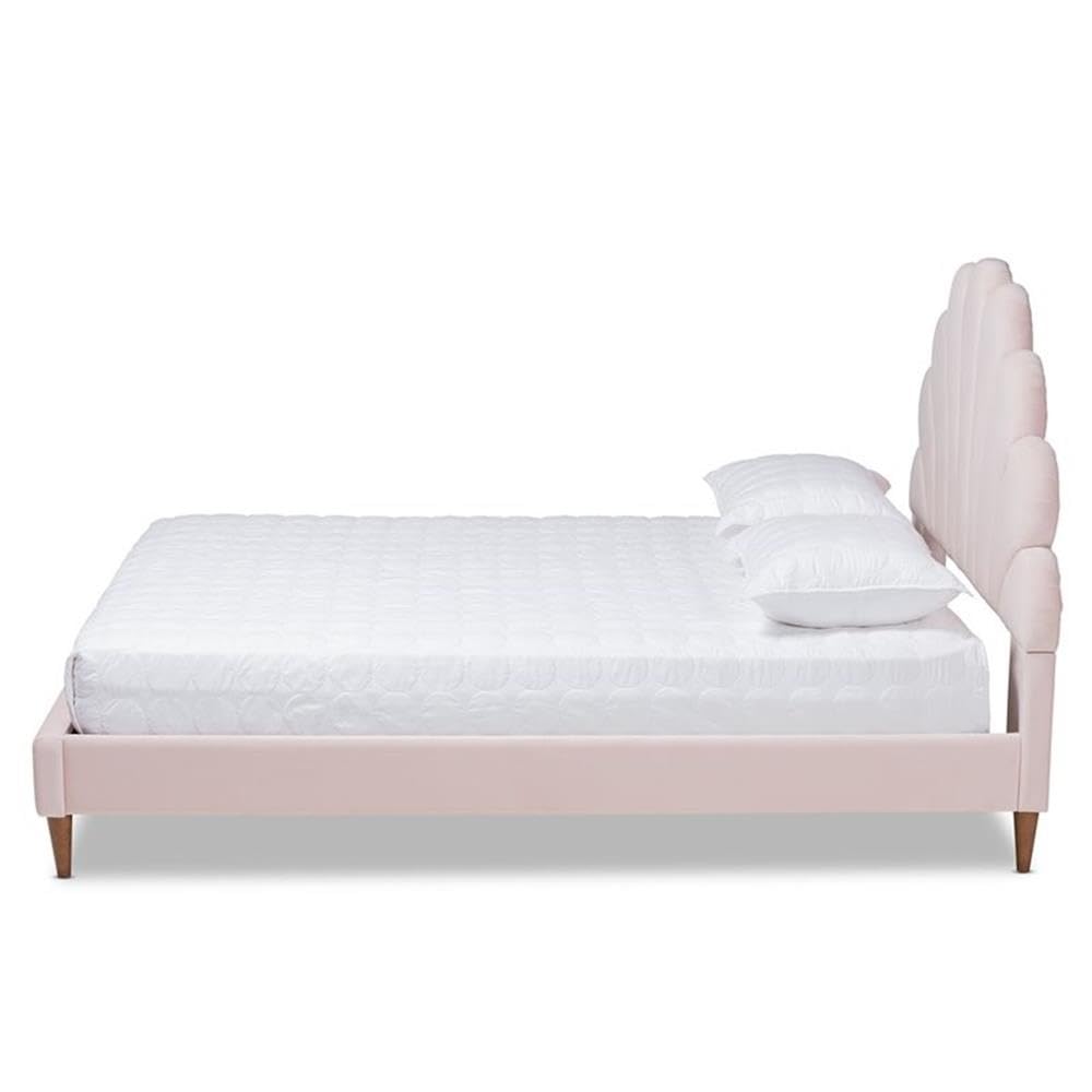 Baxton Studio Odille Queen Size Light Pink Velvet Seashell Shaped Platform Bed