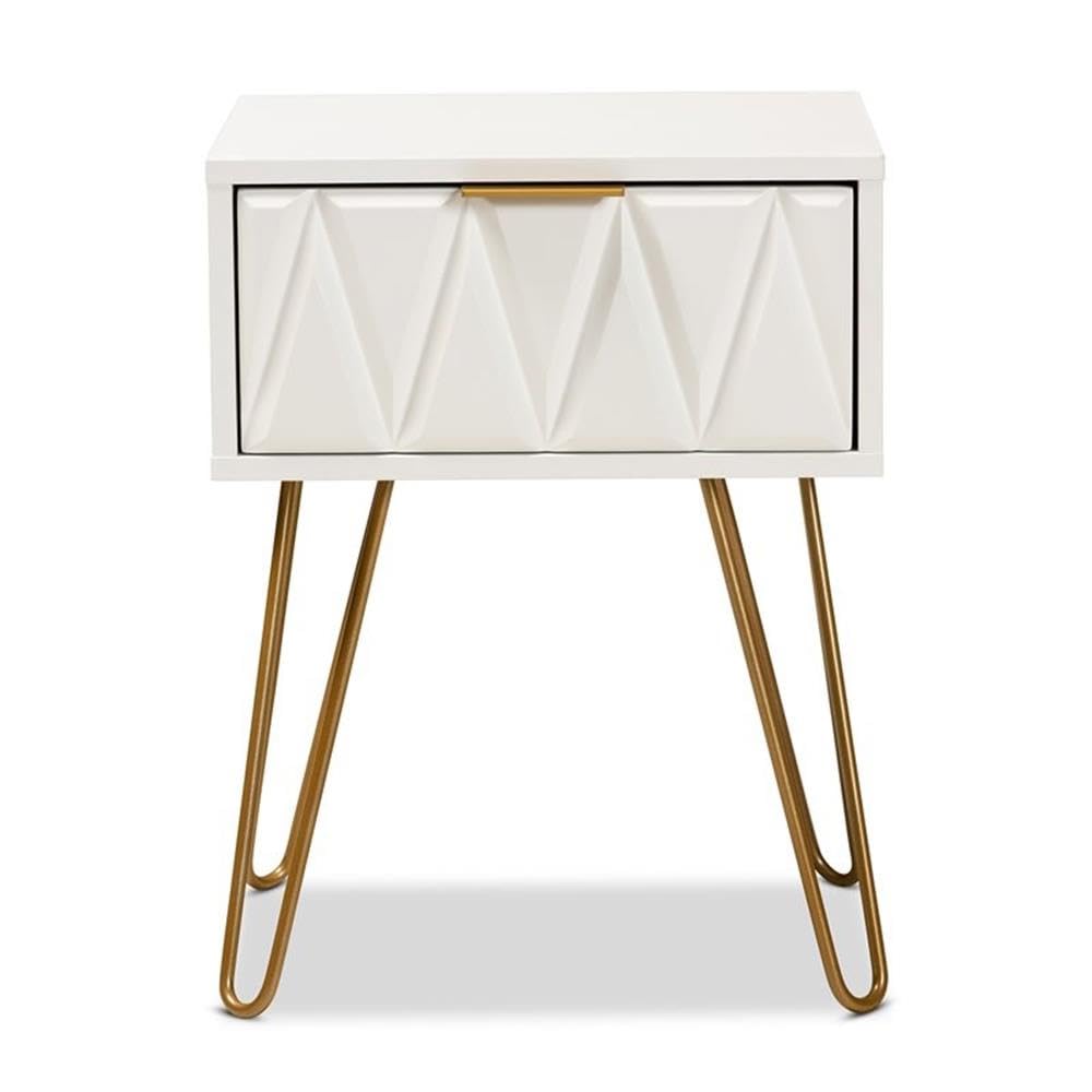 Baxton Studio Holbrook Contemporary Glam and Luxe White Finished Wood and Gold Metal 1-Drawer End Table