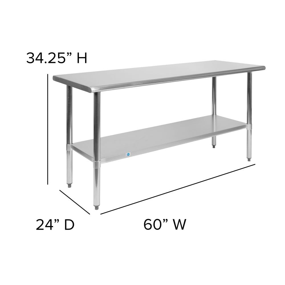 Flash Furniture Reese NSF Certified Stainless Steel Kitchen Prep and Work Table, Commercial Work Table with Storage, 60" W x 24" D x 34.5" H, Silver