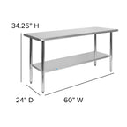Flash Furniture Reese NSF Certified Stainless Steel Kitchen Prep and Work Table, Commercial Work Table with Storage, 60" W x 24" D x 34.5" H, Silver
