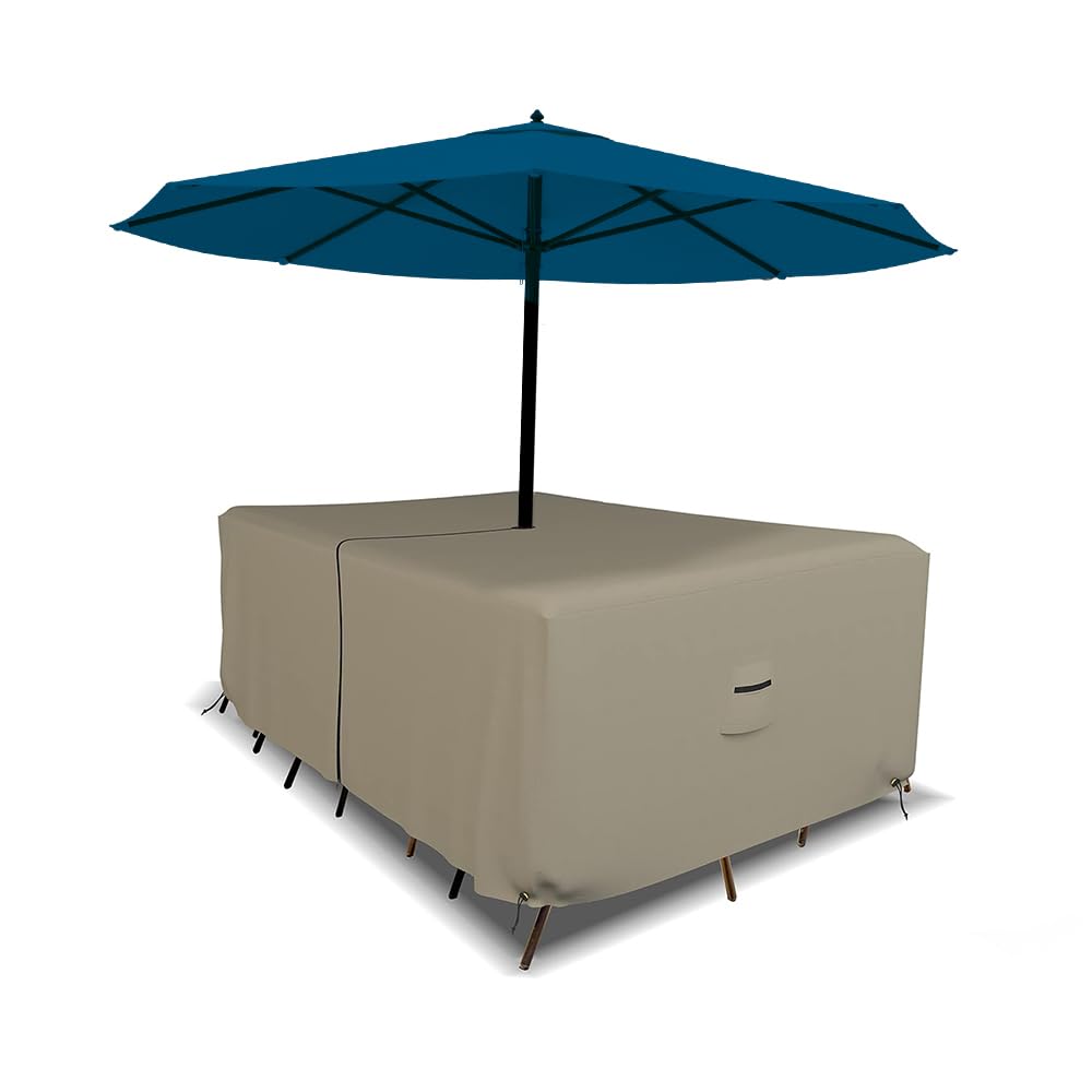 Covers & All Rectangle Table & Chair Set Cover, Umbrella Hole, 12 Oz Waterproof Uv & Weather Resistant, Patio Lawn Garden Backyard Furniture, Air Vents & Drawstrings (108'L X 82'W X 23'H, Beige)