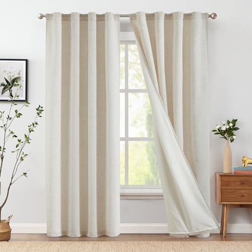 Jinchan Linen Blend Beige Curtains 84 Inch Length For Living Room Farmhouse Rod Pocket Back Tab Light Filtering Window Drapes With Lined For Bedroom Crude 2 Panels
