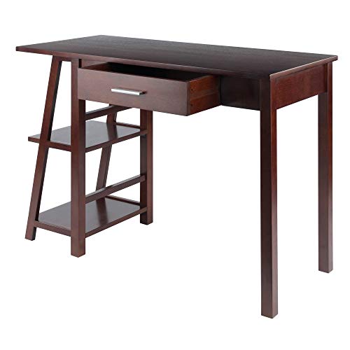 Ergode Aldric Writing Desk - Compact, Walnut Finish, Wide Desktop, Built-in Shelves, Center Drawer - Perfect for Small Spaces - 43.9' W x 20' D x 30.5' H
