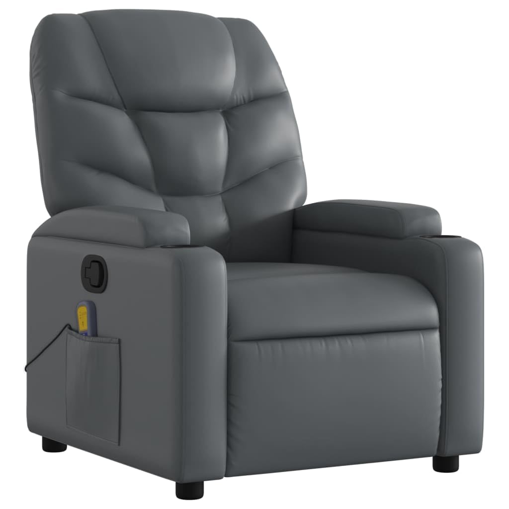 vidaXL Massage Recliner Chair - Gray Faux Leather, Manual Reclining, 6-Point Vibration, Cup Holders, Living Room Seating