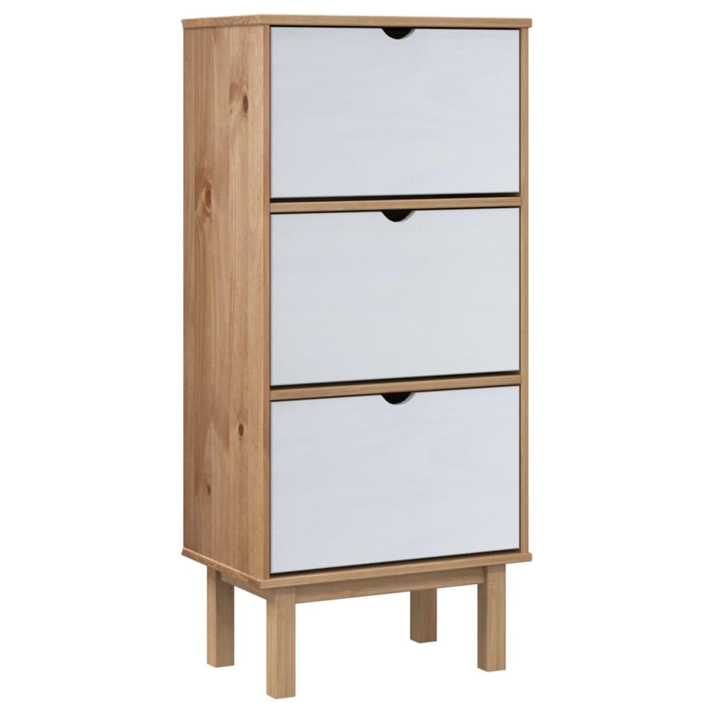 vidaXL OTTA Shoe Cabinet with 3 Drawers, Solid Pine Wood Construction, Brown&White, Scandinavian Design, Generous Space for Organizing Shoes