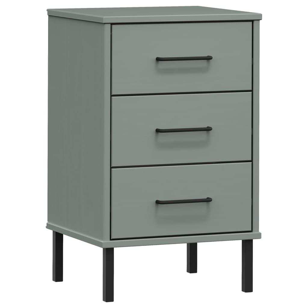 vidaXL Oslo Solid Pine Wood Bedside Cabinet with 3 Drawers and Metal Legs – Gray Finish | Sturdy and Durable Bedroom Furniture | Ample Storage Space