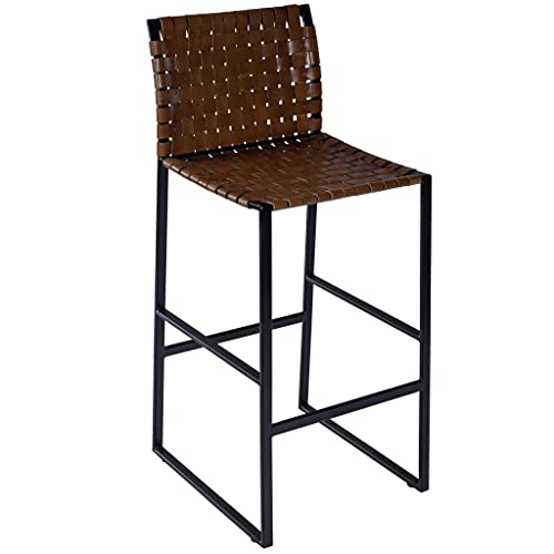 HomeRoots Medium Brown Iron; Real Leather, Steel Metal Nail Heads Brown Woven Leather Bar Stool