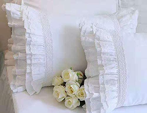 2-Pack White Pillow Shams Shabby Chic Pillowcases With Lace Ruffles Vintage Pillow Covers Cotton Queen Size 20'X30' Luxury Ele