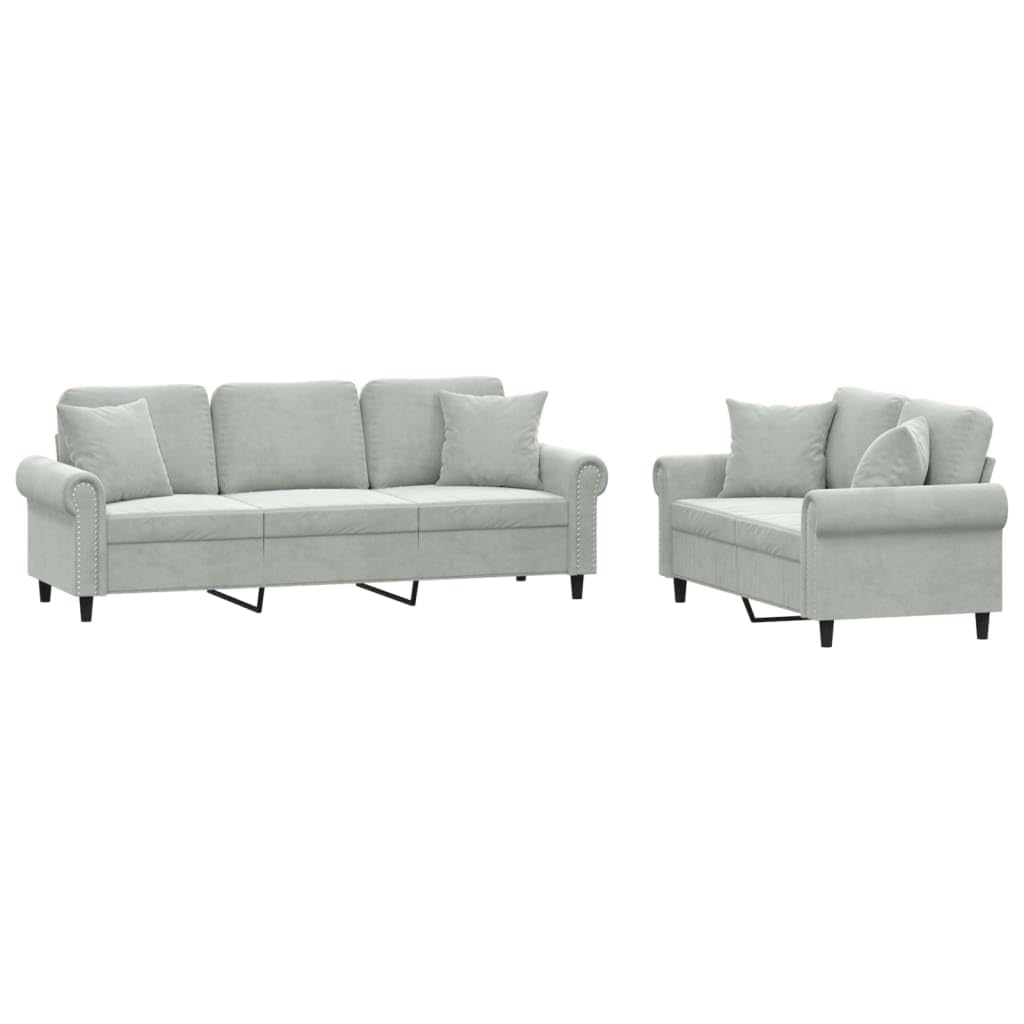 vidaXL Light Gray Velvet Sofa Set - Modern Loveseat & Couch Combo with Pillows and Comfortable Padded Seating for Living Room or Lounge