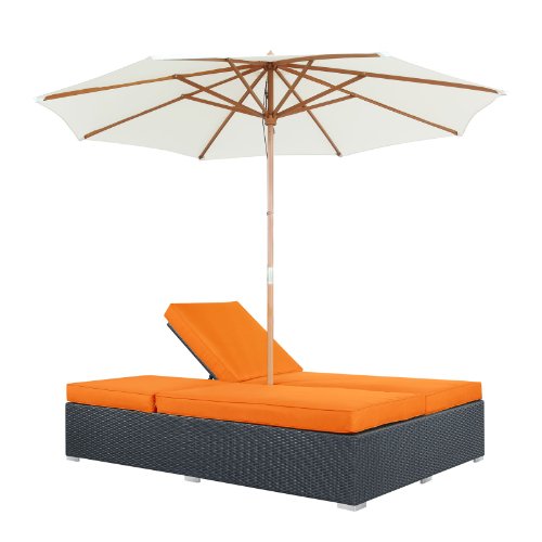 Modway Arrival Wicker Rattan Outdoor Patio Upholstered Double Chaise Lounge Chair In Espresso Orange With Umbrella