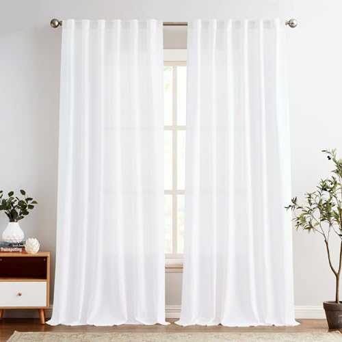Jinchan Linen Blend White Curtains 108 Inches Extra Long For Living Room Farmhouse Rod Pocket Back Tab Light Filtering Window Drapes With Lined For Bedroom White 2 Panels
