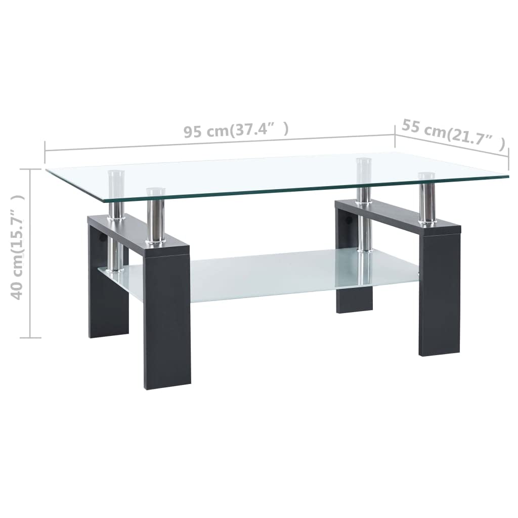 vidaXL Modern Coffee Table with Transparent Tempered Glass Top, Gray Melamine Legs, 2-Layer Design for Extra Storage - 37.4&quot;x21.7&quot;x15.7&quot;