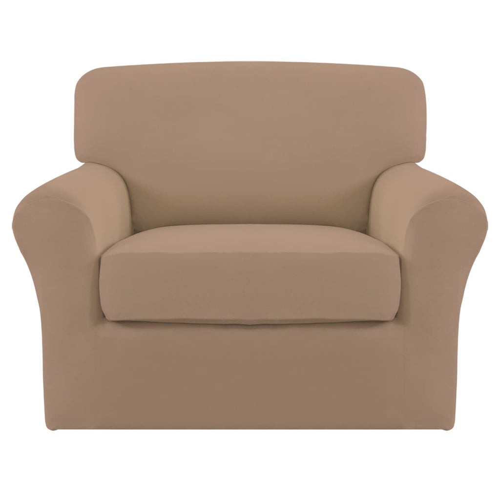 Easy-Going 2 Pieces Microfiber Stretch Chair Slipcover – Spandex Soft Fitted Sofa Couch Cover Washable Furniture Protector With Elastic Bottom Kids Pet(Small, Camel)