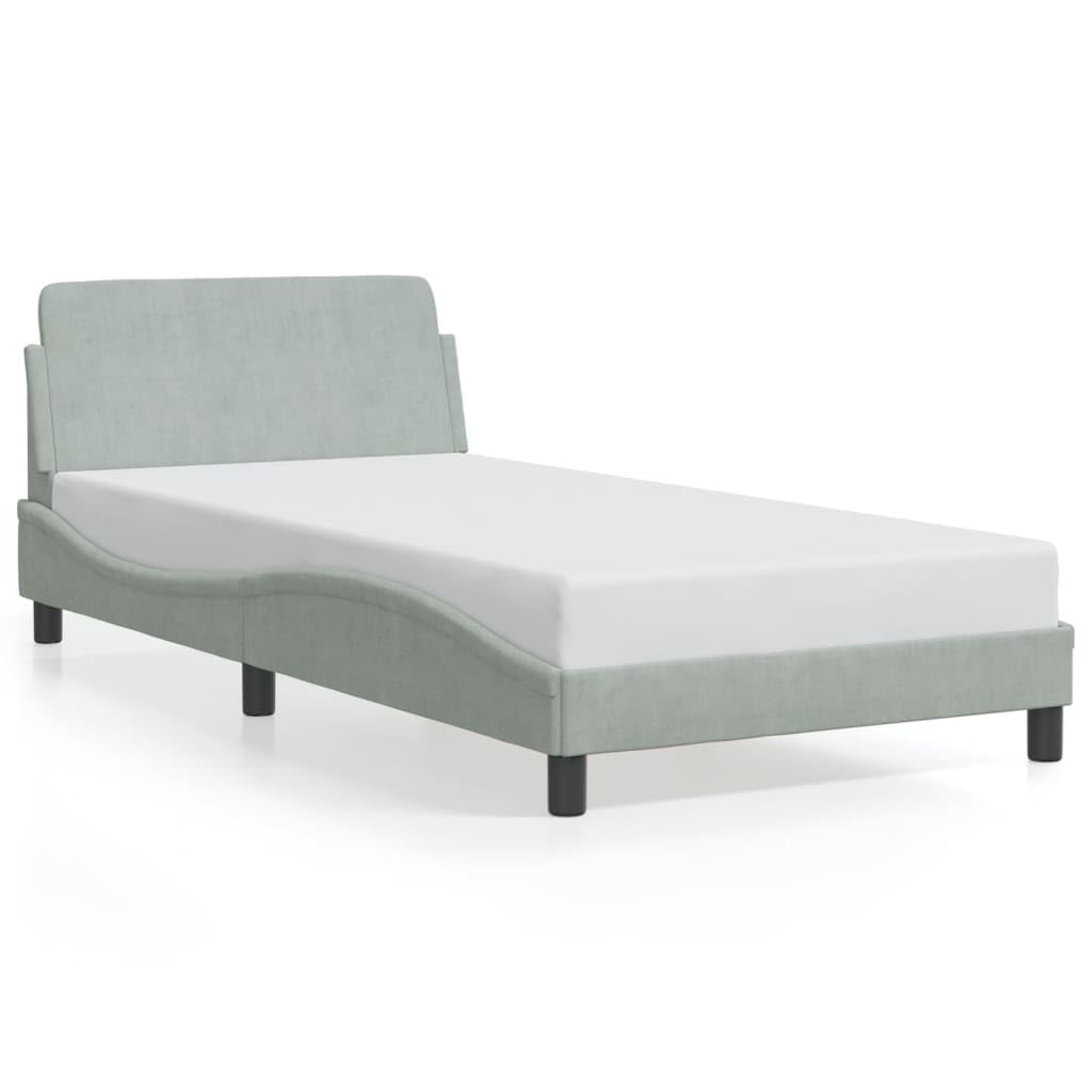 vidaXL Velvet Single Bed Frame - Light Gray, 39.4"x79.9" with Headboard, Sturdy Legs & Plywood Slats for Bedroom/Lounge