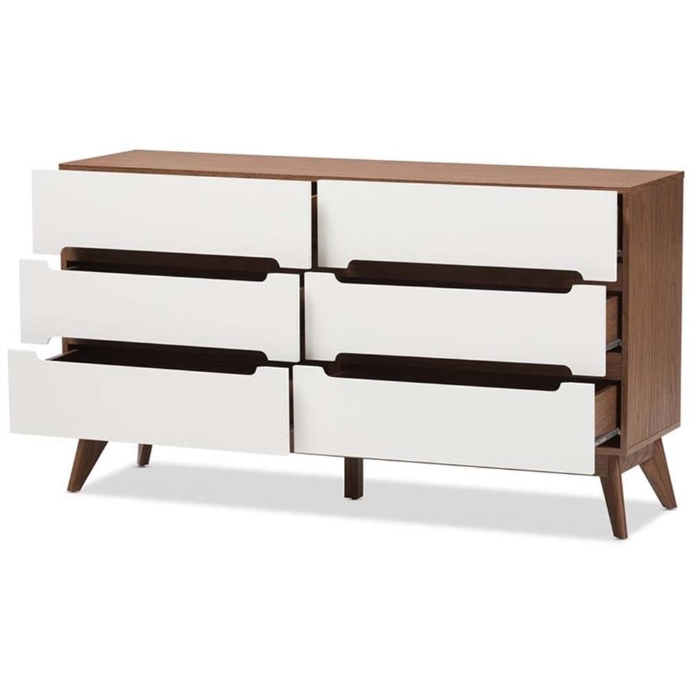 Baxton Studio Calypso Mid-Century Modern White and Walnut Wood 6-Drawer Storage Dresser/Mid-Century/Particle Board/MDF with PU Paper/White/Walnut Brown