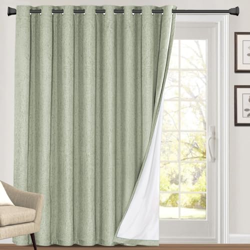 Princedeco 100% Blackout Linen Look Patio Door Curtain 84 Inches Long Extra Wide Thermal Insulated Grommet Curtain Drapes For Living Room/Sliding Glass Door,W100 X L84 Inch, Sage