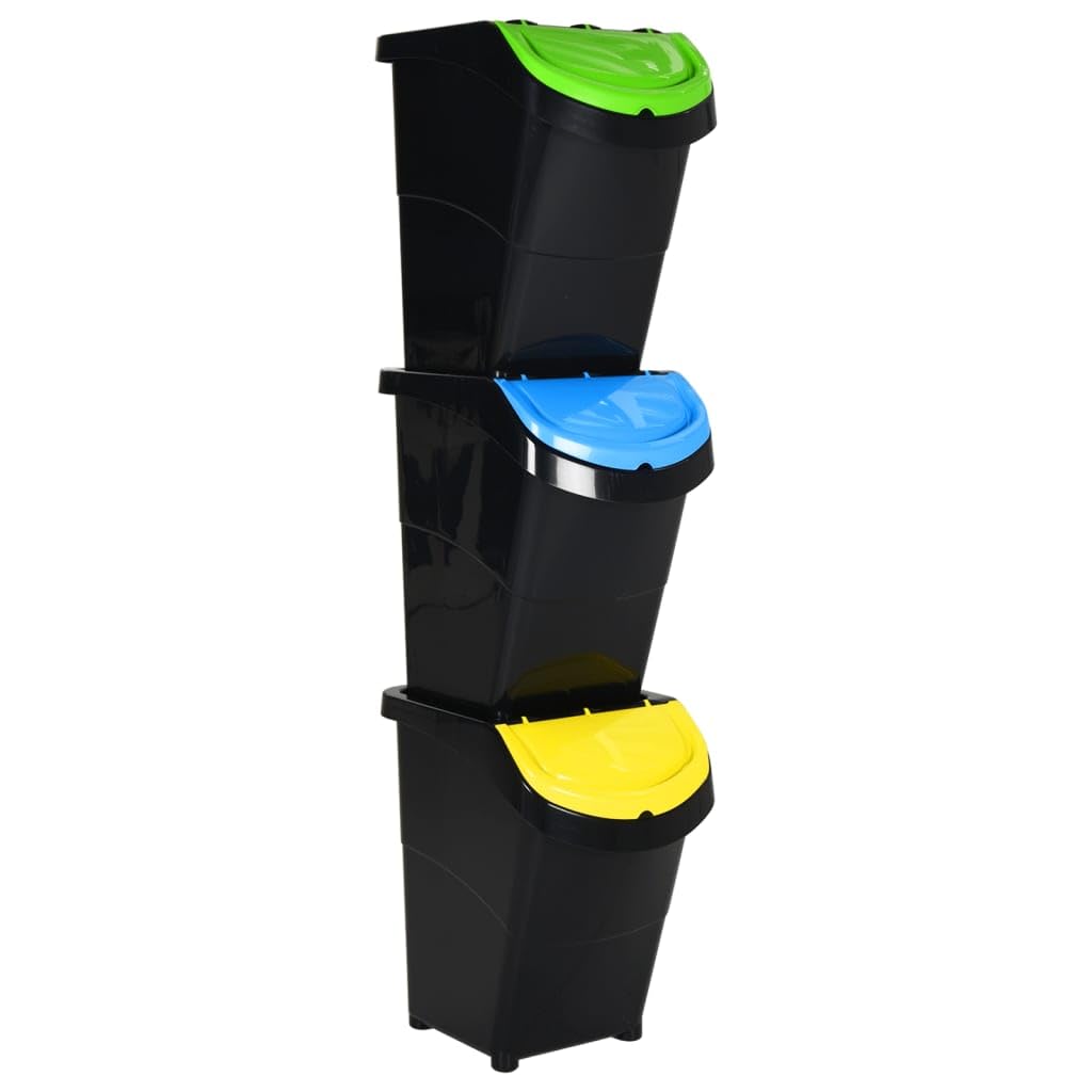 vidaXL Stackable Waste Bins, 3 Pcs, Black Polypropylene Material, Impact Resistant, Easy Clean with Detachable Lids, Space Saving, Efficient Waste Sorting, 31.7 gal Capacity