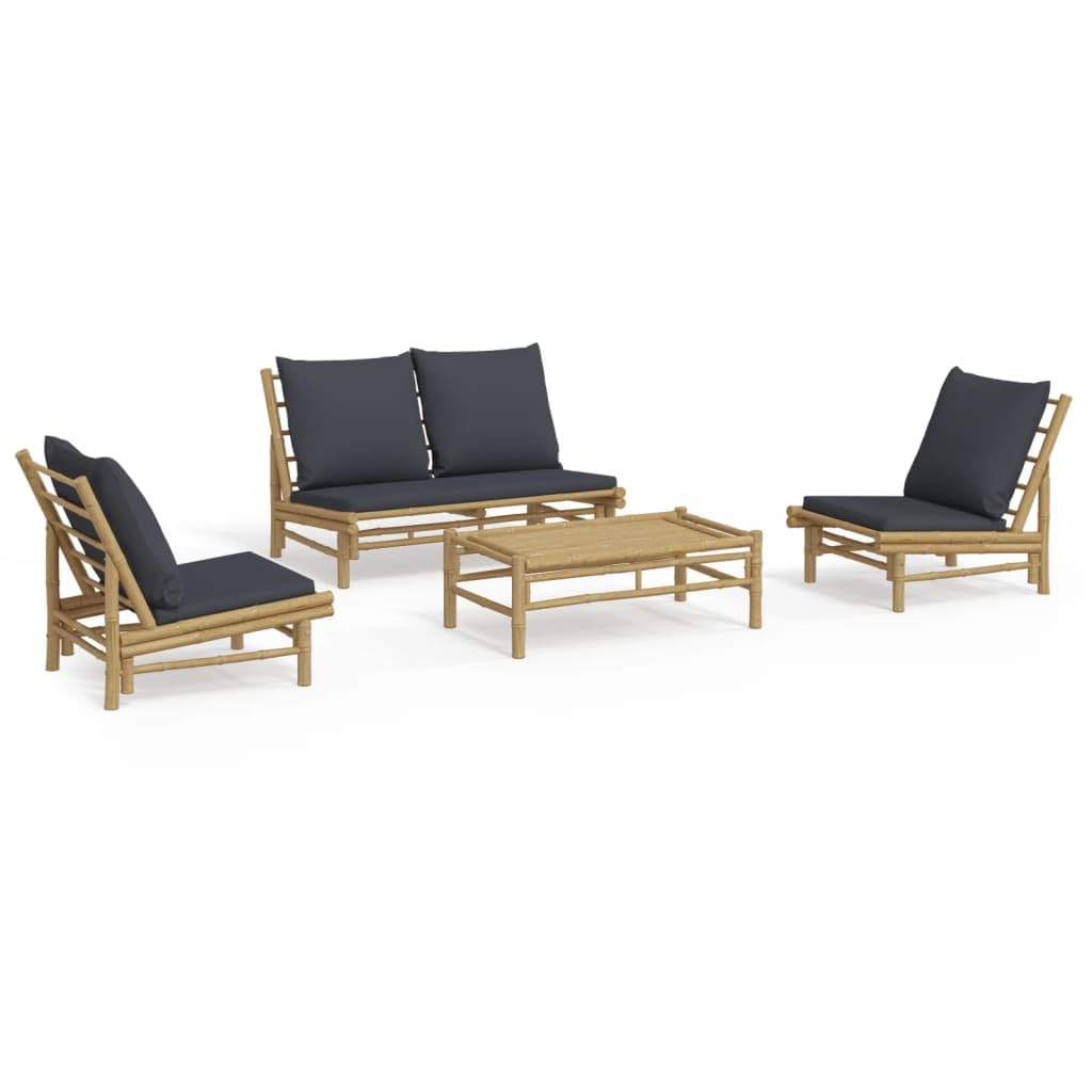 vidaXL 4 Piece Patio Lounge Set with Dark Gray Cushions - Made of Natural Bamboo, Includes Coffee Table and Bench, Modular Design for Custom Configurations, Comfortable Seating