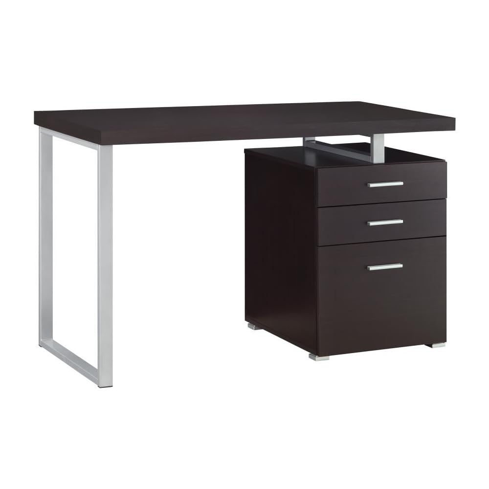 Coaster Home Furnishings Brennan Modern Contemporary Home Office 3-Drawer Writing Desk with Drawers Computer Desk Study Table File Cabinet Storage Silver Metal Frame Cappuccino Brown 800519