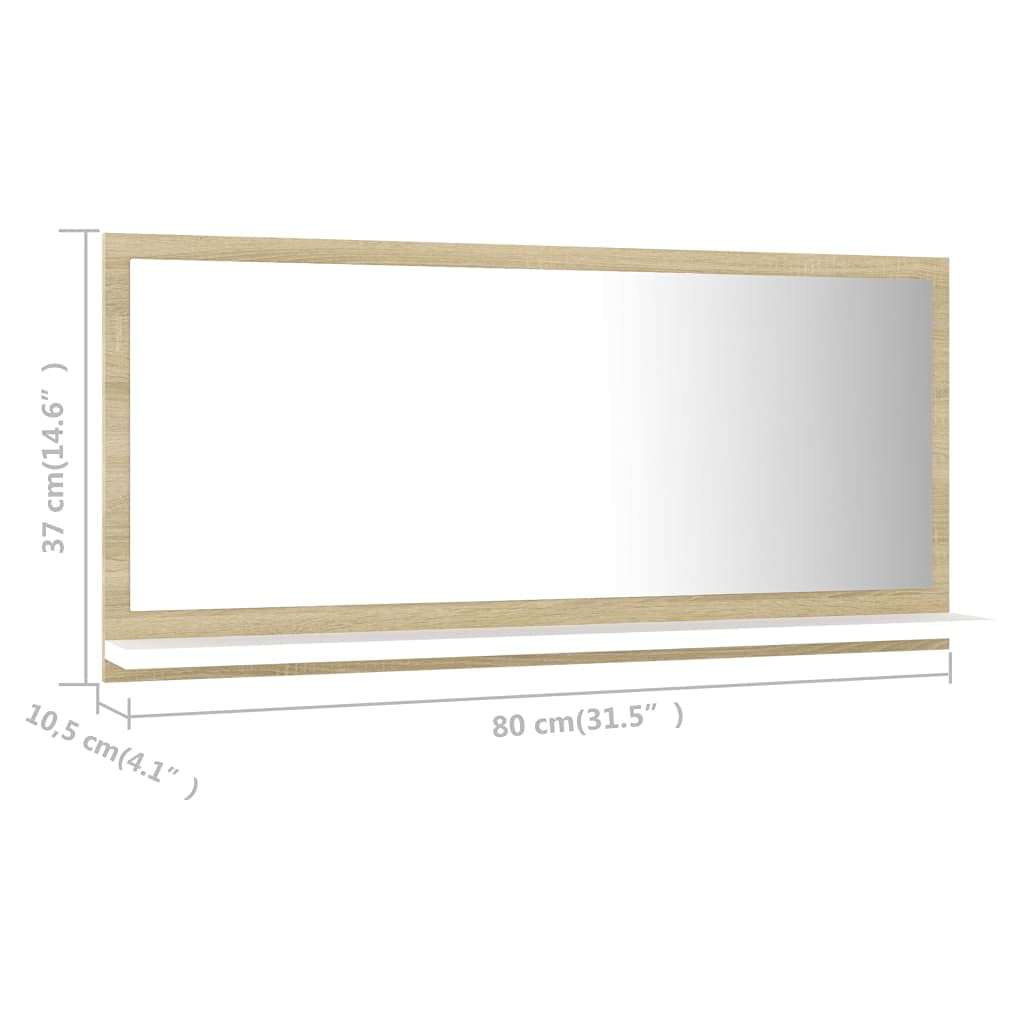 Vidaxl Engineered Wood And Acrylic Bathroom Mirror With Shelf Storage, 31.5&quot;X4.1&quot;X14.6&quot;, White And Sonoma Oak, Modern Style