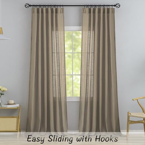 Primitive Linen Curtains 102 Inches Long 1 Pair For Living Room,8.5 Ft Back Tab Hooks Belt Pinch Pleated Curtains,Light Filtering Linen Drapes Ceiling To Floor For Large Window,Taupe/Light Coffee