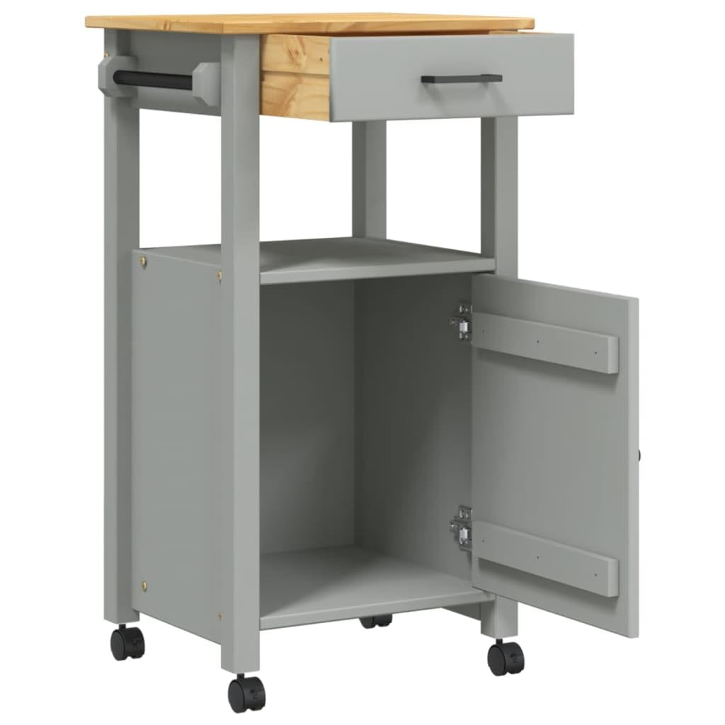 vidaXL Solid Pine Wood Kitchen Trolley - Rolling Cart with Storage Drawer, Door, and Wheels for Kitchen/Living Room Use, Gray/Honey Wax, 18.9x15.7x35.4 in