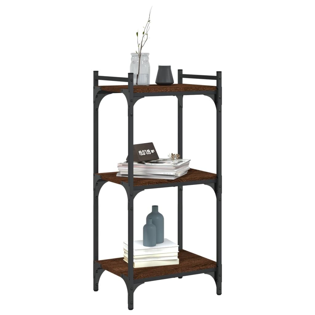 vidaXL 3-Tier Brown Oak Bookcase - Industrial-Style Bookstand with Adjustable Feet, Engineered Wood and Metal Frame, Home Storage Solution