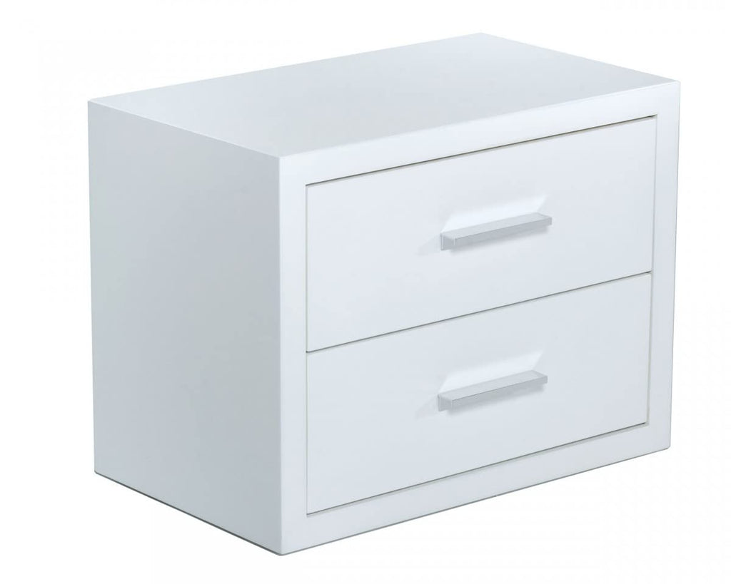 HomeRoots MDF, Steel Modern Glossy White Box Nightstand with Two Drawers