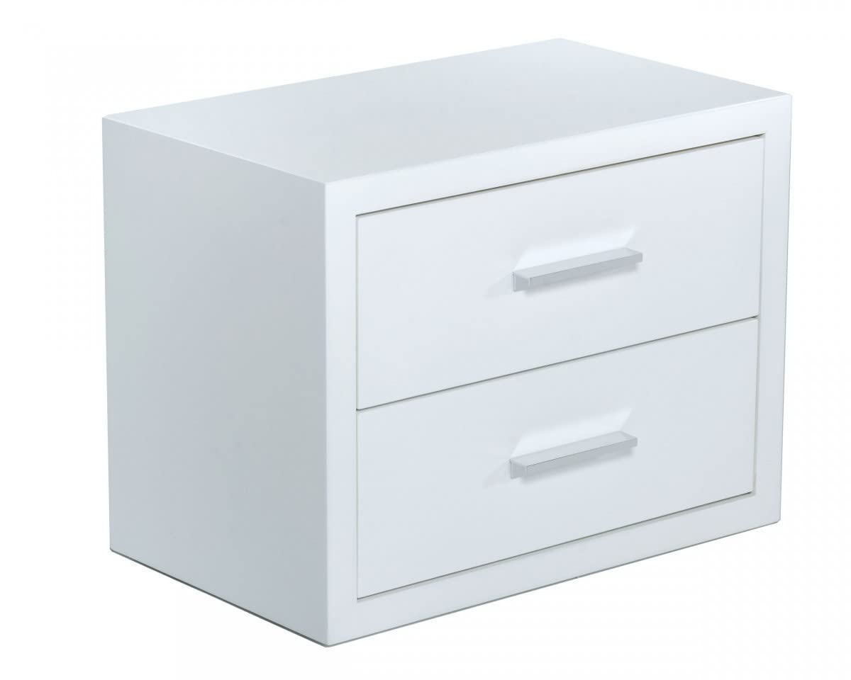 HomeRoots MDF, Steel Modern Glossy White Box Nightstand with Two Drawers